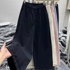 Korean Chic Ruffle Patchwork Ankle Length Pants Women Summer High Waist Loose Wide Leg Pants Elastic Waist Baggy Casual Trousers voguable