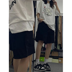 MEXZT Streetwear Pure Cotton Shorts Women Harajuku Oversized Cargo Shorts Summer Korean Black White Wide Leg Sports Short Pants voguable