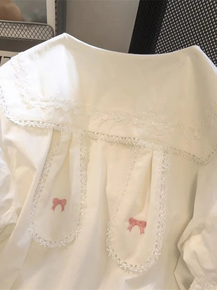 Cute Rabbit Ears White Shirt Women Casual Loose Short Sleeve Kawaii Blouse Vintage Peter Pan Collar Sweet Lady Japan Tops voguable