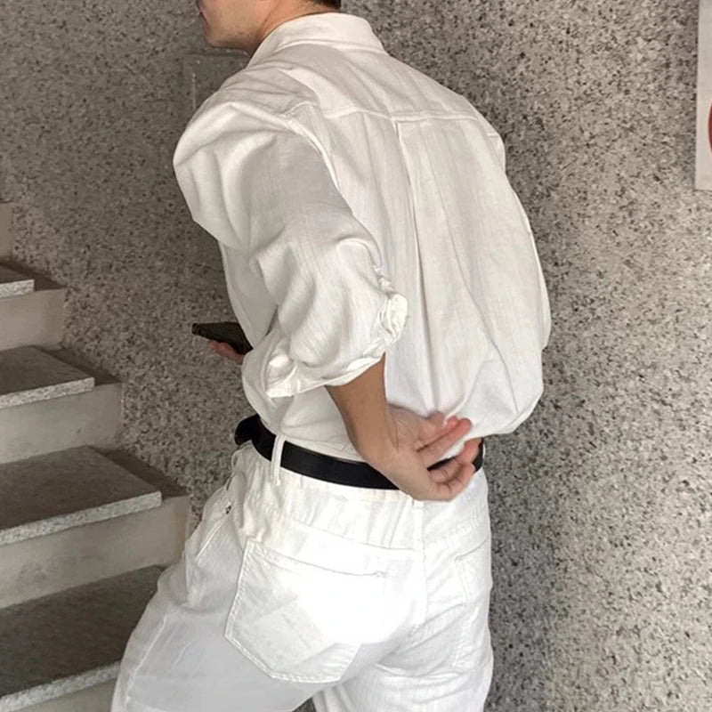 New Men Luxury Korean Style Shirts Casual Long Sleeve Drapped Solid Color Button-down Cardigan Fashion Business Leisure Blouse voguable