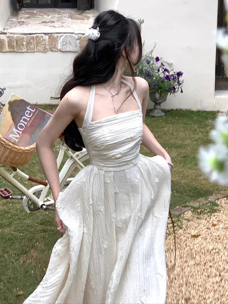 Voguable  Summer Fairy Backless Slash Neck Embroidery Suspender Dresses Women High Waist Chiffon Slim Fit Lolita Style White Dress voguable