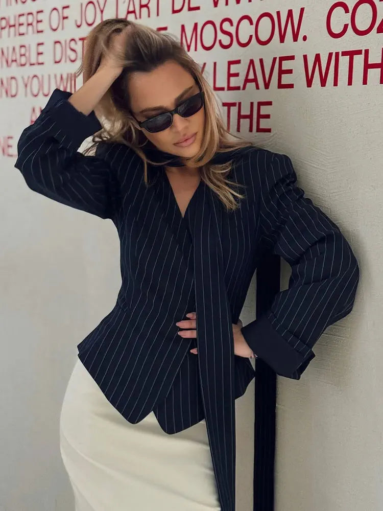 Elegant Female Striped Suit Coat For Women Scarf Lace-Up Patchwork V-Neck Long Sleeve Luxury Outwear Female Jackets Coat voguable