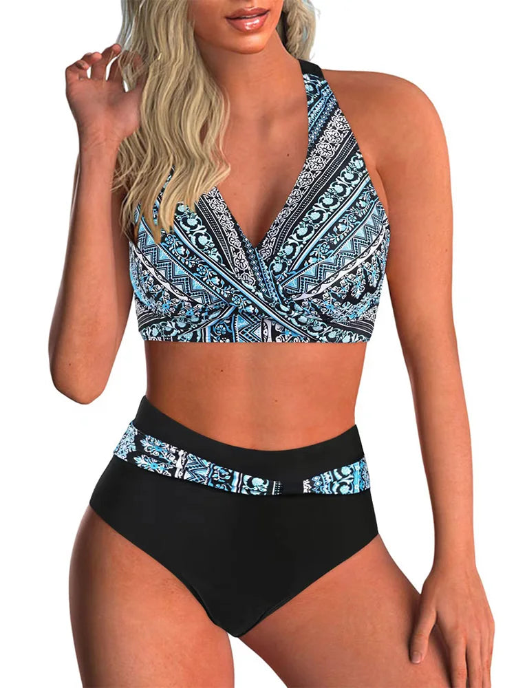 Voguable  Sexy Lace Up V Neck Bikinis Women Split Swimsuit High Waist Beach Bikini New All Season Backless Bikinis 2 Piece Set voguable