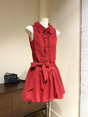 Voguable  Lace Up Bud Preppy Style Sweet Dress Slim Short Ball Gown French Style Robe Ruched Elegant Casual Minority Soft Vestidos voguable