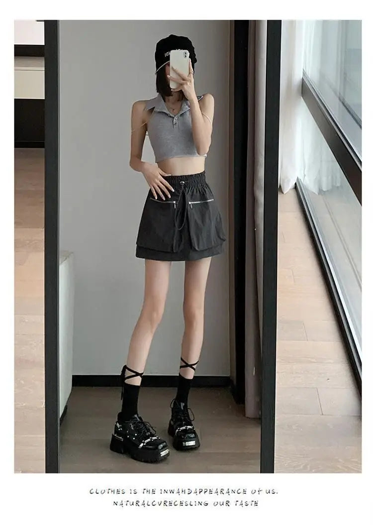 High Waist Drawstring Summer Women Short A Line Skirt Vintage Casual Cargo Big Zipper Pocket Skirt with Safety Shorts Hip Skirts voguable