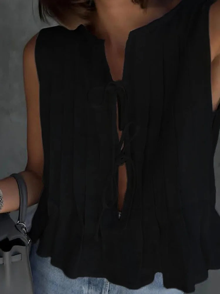 White Bandage Ribbed Tank Top Shirts For Women Hollow Out Sleeveless Slim Summer Fashion Vest Women's Lace-Up Vest Y2k Top voguable