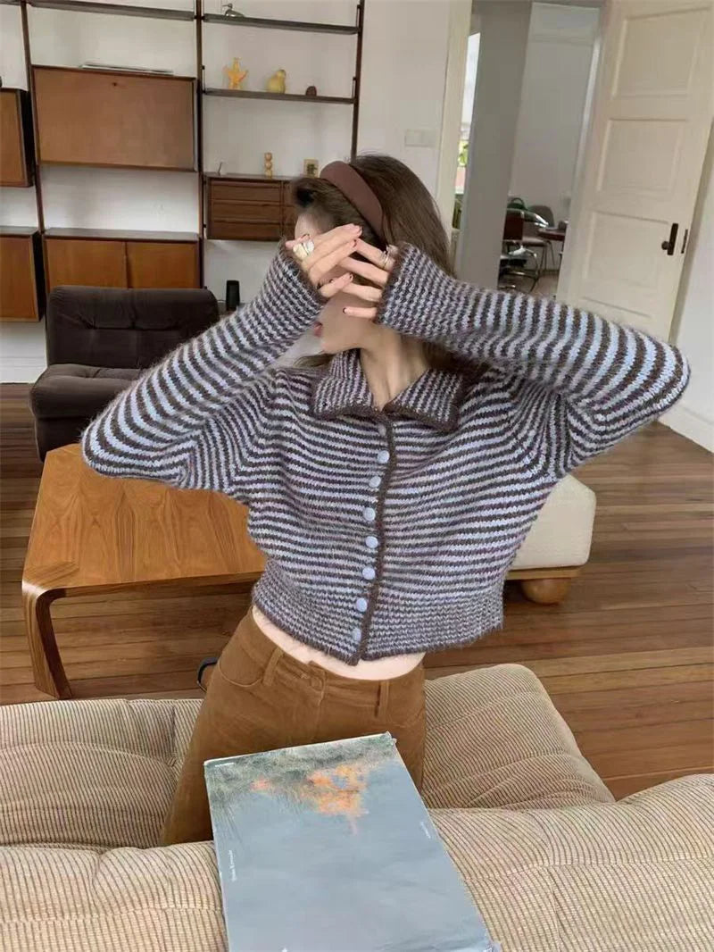 Harajuku Y2K Striped Cardigan Women Vintage Loose Casual Knitted Sweater Fall Winter Japan Retro Long Sleeve Female Soft Tops voguable