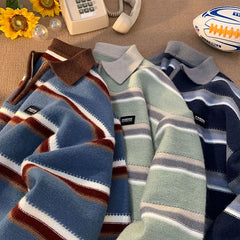 Voguable  Japan Men's Y2K Knitted Warm Polo Knit Striped Turtleneck Sweater Shirts Winter Streetwear Knitwear Korean Clothes Jumper Men voguable