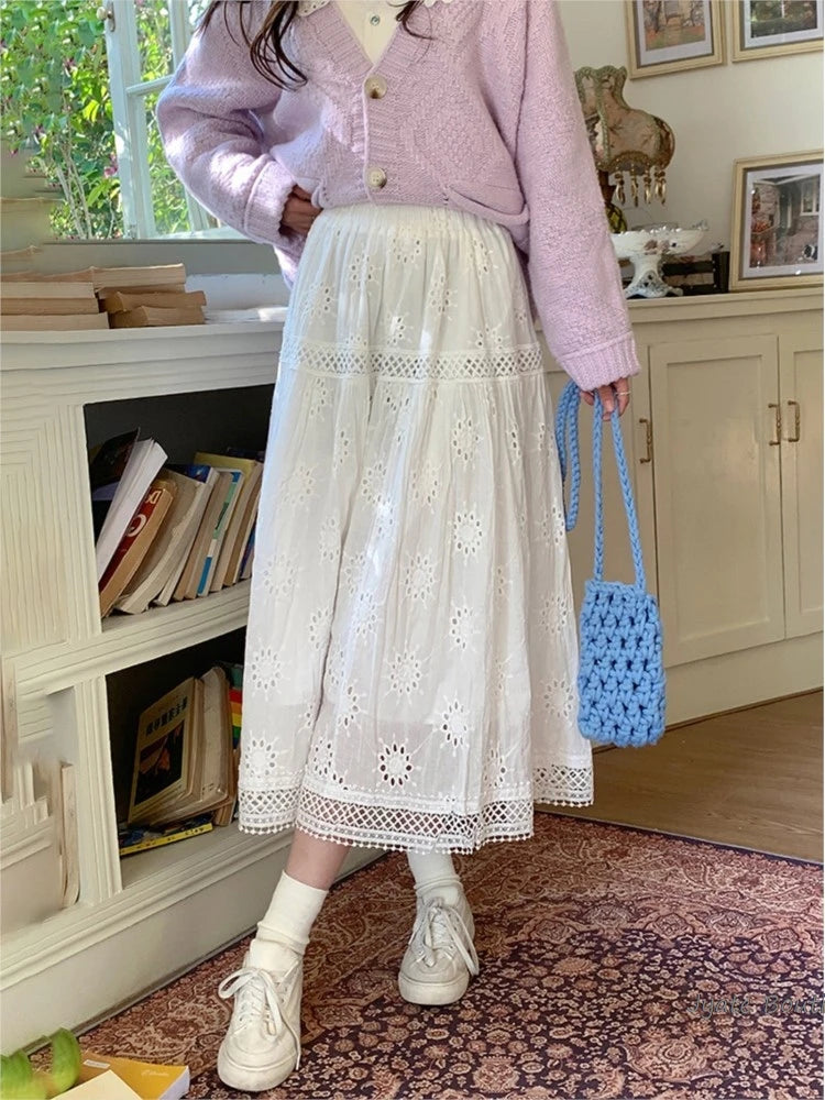 Embroidered Hollow Lace Spliced White Long Skirt 2025 Spring Summer New Elastic Waist Cotton A-line Vacation Beach Boho Skirt voguable