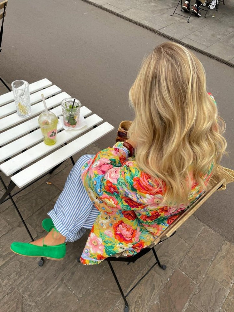 Vintage Print Thick Cotton Jacket Women Loose Flare Sleeve Autumn Winter Jacket Female Fashion O-Neck Ladies Outwear New voguable
