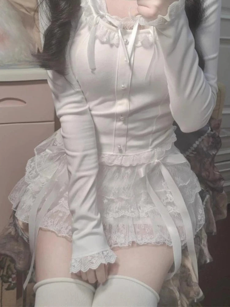 Sweet Kawaii Skirts Women Lolita Coquette Lace Bow Patchwork Mini Skirt White High Waist Cute Summer A-line Short Skirt voguable
