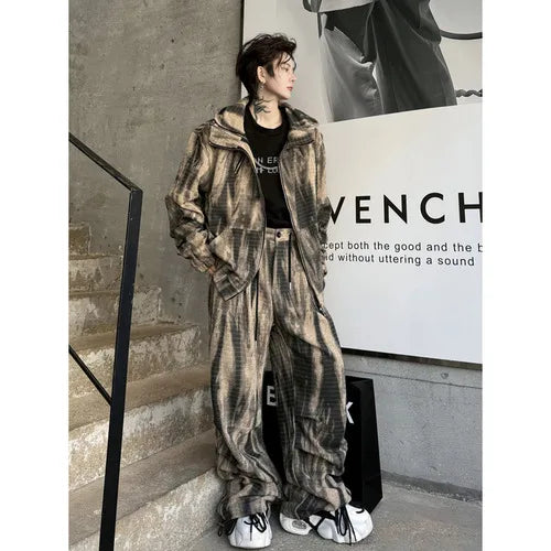 Voguable 2024 Spring Tie-dyed Design Fashion Loose High Street Hooded Jacket Loose Casual Pants Men's Trendy Two-piece Sets voguable