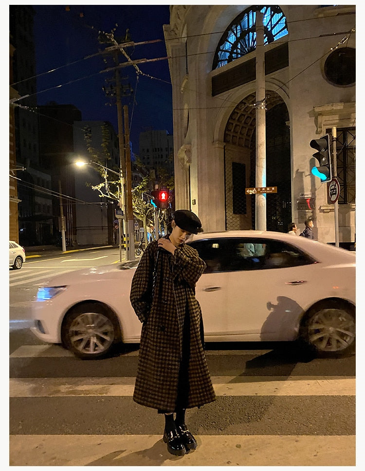 Autumn Winter Long Loose Casual Soft Plaid Woolen Coat Women Double Breasted Stylish Chic Luxury Designer Clothes voguable