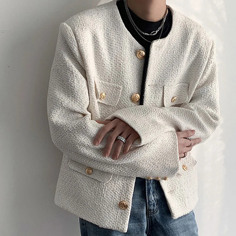 Korean Style Fashionable Tweed Round Neck Jacket Men Japanese Trendy High-end Single-breasted Short Jacket with Temperament voguable