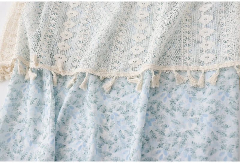 Voguable Women's New French Seaside Resort Style Tassel Lace Suspender Dresses Female Summer Fake Two-piece Mid-length Floral Fairy Dress voguable