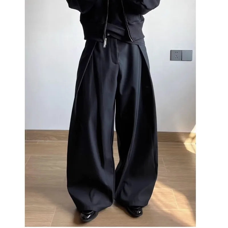 Voguable  Retro Korean Style Men's Casual Pants Knife Shape Drapey Design Pleated Loose Straight Leg Wide Leg Casual Pants voguable