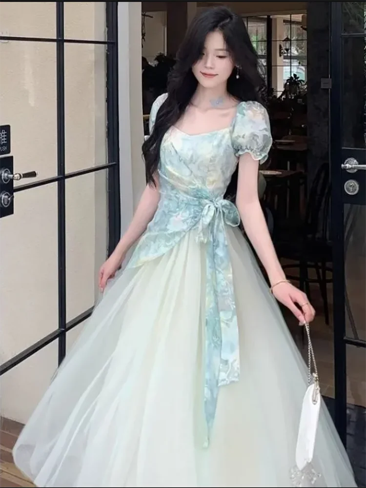 Voguable  Summer New Women's Romantic Fairycore Gradient Tulle Dress Square Neck Puff Sleeve Belted A-line Long Party Prom Dresses voguable