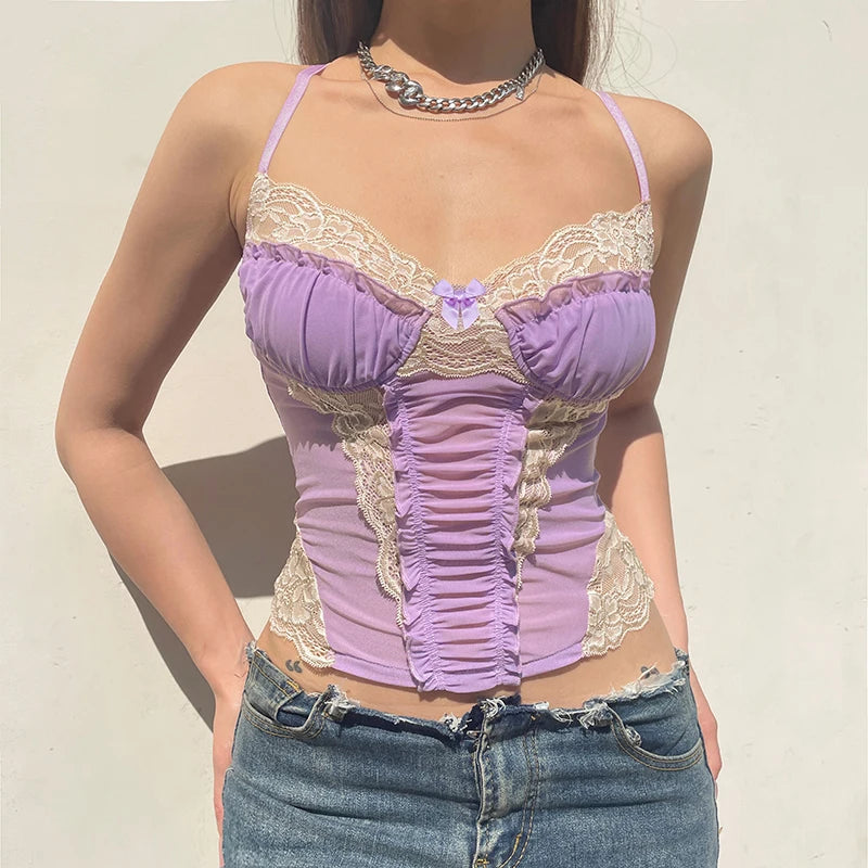Voguable  y2k Lace Patchwork Purple Coquette Mesh Corset Women Sexy Backless Criss-cross Halter Camis Sweet Aesthetic Crop Top voguable