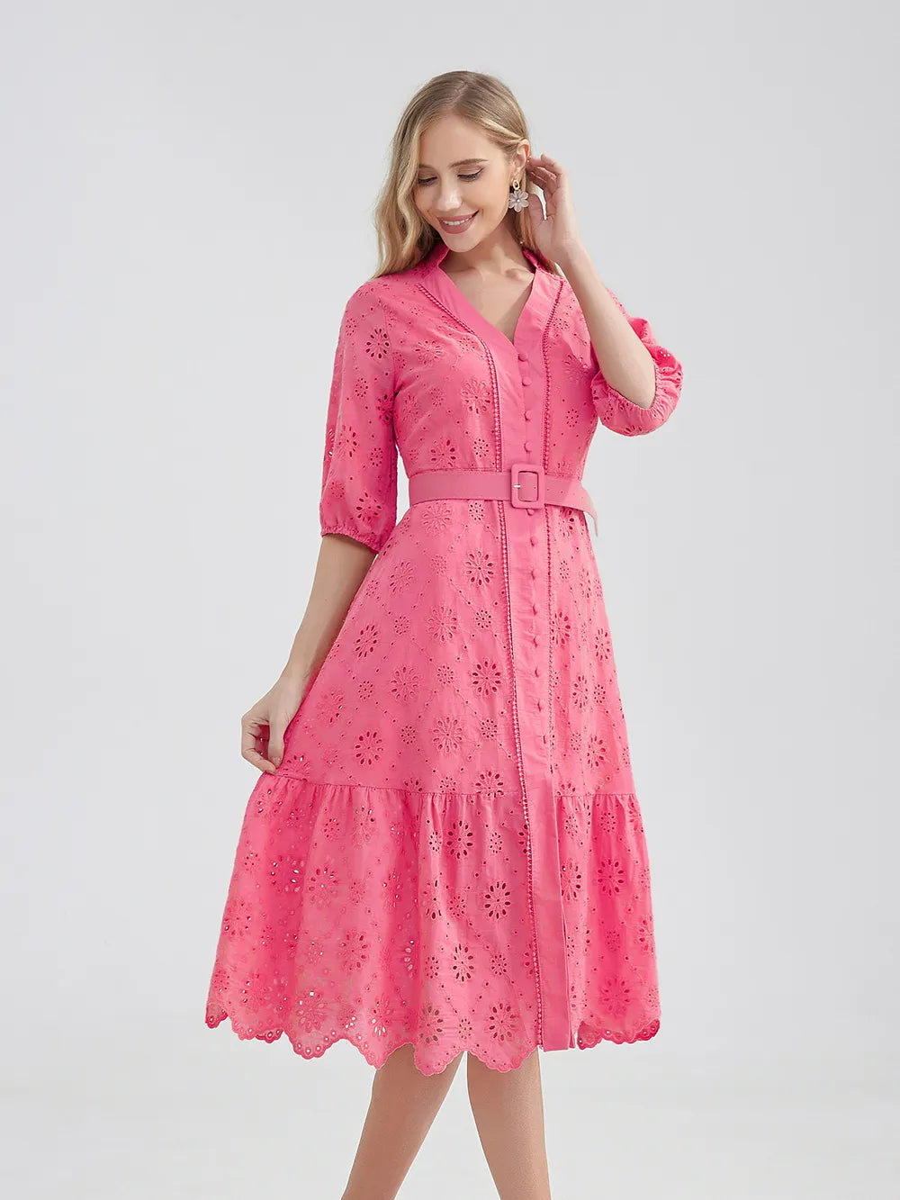 Cotton Hollow Out Summer Dress Women Holiday Perppy Casual High Waist Ruffled Mini V-Neck Dresses A-line Frills Vestido voguable