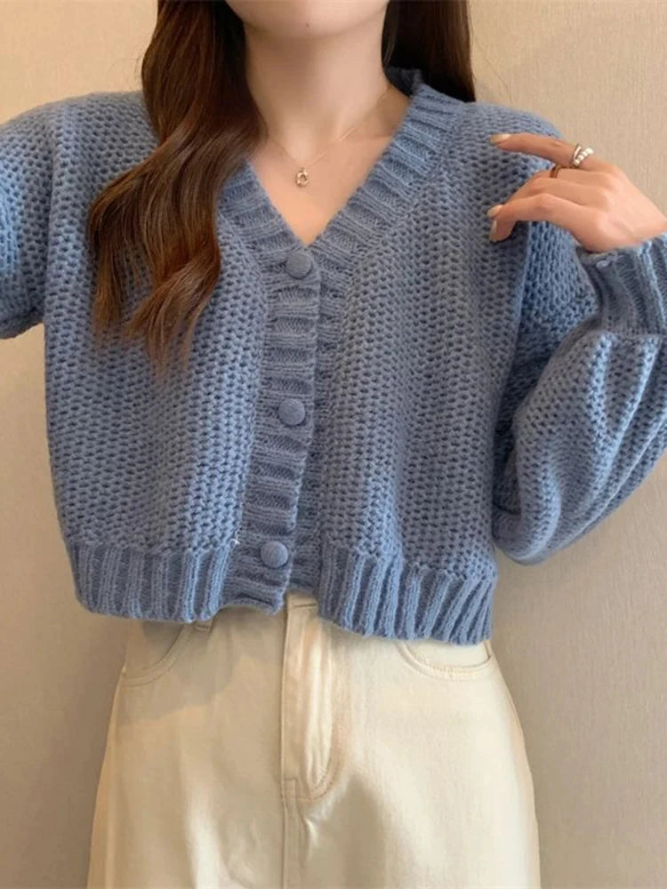 Sexy Cropped Sweet Cardigan Women V Neck Vintage Slim Long Sleeve Knitted Sweaters Korean Causal Simple Solid Lady Fall Tops New voguable