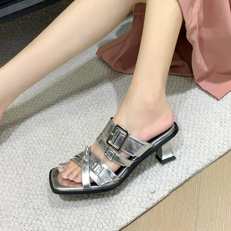 New Thin High Heels Women Slippers Elegant Concise Narrow Band Office Ladies Party Prom Split Leather Sandals Shoes Woman voguable