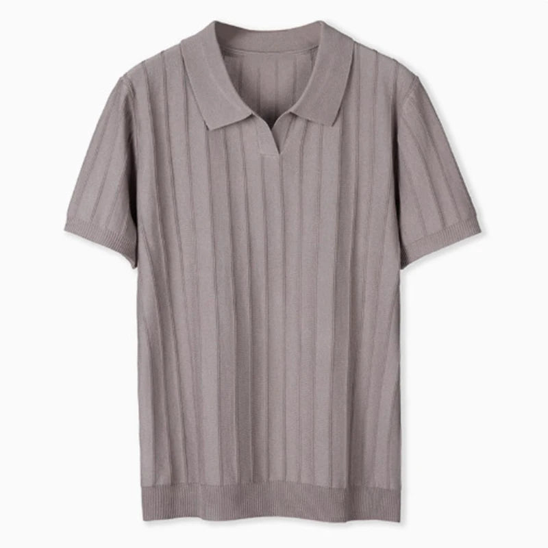 New Men's Clothing Luxury Business V Neck Polo Shirt Casual Slim-fit Knitted Solid Color Short Sleeve T-shirt High Quality Tops voguable