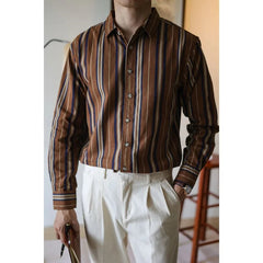 Voguable  Men's Square Collar Patchwork Striped Shirts for Spring and Autumn Fashion England Long Sleeve Loose Cardigan Button Casual Tops voguable