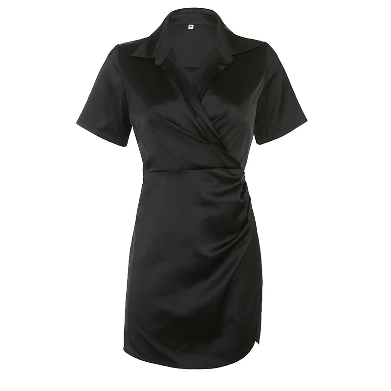 Office Ladies Shirt Dress Elegant Fashion Sexy Slim Deep V-Neck Turn-Down Collar Long Sleeve Mini Dresses For Women voguable