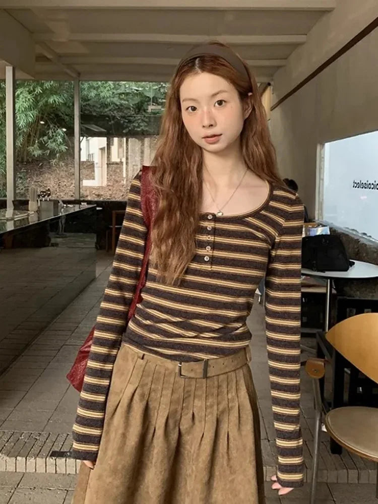 Slim Y2K Striped T Shirt Women Streetwear American Long Sleeve Retro Tees Fall Sexy U Neck Female Harajuku Vintage Tops New voguable