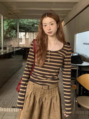 Slim Y2K Striped T Shirt Women Streetwear American Long Sleeve Retro Tees Fall Sexy U Neck Female Harajuku Vintage Tops New voguable