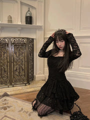 Gothic Black Lace Dress Women Y2K Fall Vintage Elegant Square Collar Purple Mini Dress Streetwear Sexy Slim Party Vestidos New voguable