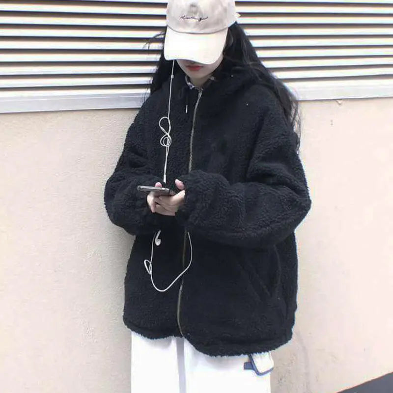 Women Oversized Parkas Hooded Thick Coat Ladies Soft Kawaii Jacket Double Sided Outerwear Autumn Winter Warm Long Sleeve Bomber voguable
