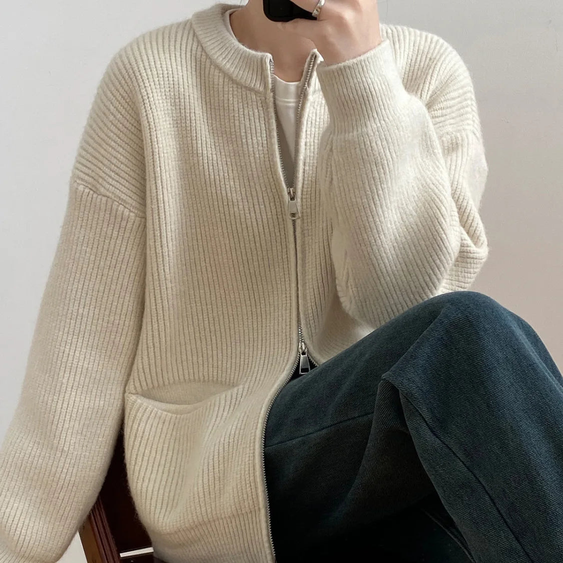 Sweater Cardigan Women Autumn Double Zipper Casual Korean Knitwear Coat Solid Color Loose Soft Long Sleeve Jackets Outerwear voguable