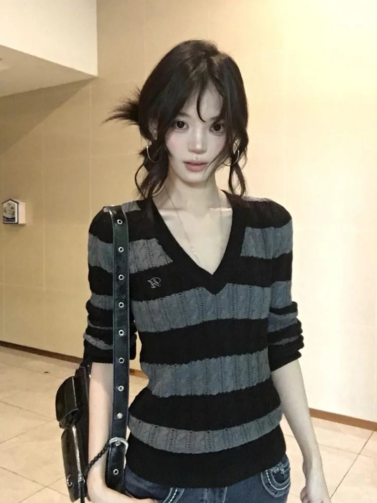 V Neck Vintage Striped Sweater Women Sexy Slim Long Sleeve Y2K Knitted Jumper American Retro Harajuku Letter Fall Pullover voguable