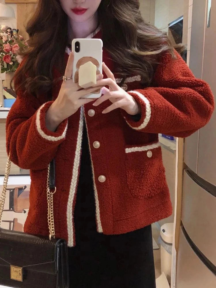 Red Faux Lamb Sweet Coat Women Korean Long Sleeve Winter Warm Jacket Vintage Casual O Neck Elegant Pearls Buttons Cute Tops voguable