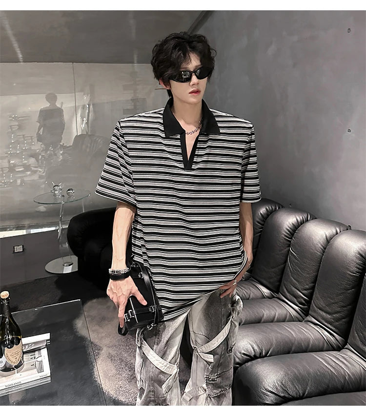 Men Loose Fit Striped Polo Shirt Casual Fashion Collar T-Shirt man Breathable Streetwear Summer Top Tee Trendy Mens Clothing voguable