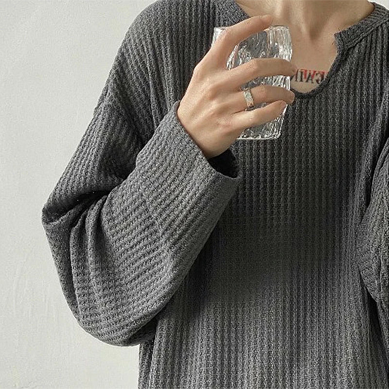 Men's Retro Loose Lazy Stylish Long Sleeve T-Shirt Casual O Neck Solid Exposed Clavicle Tops Breathable Basic Shirt 2024 New voguable
