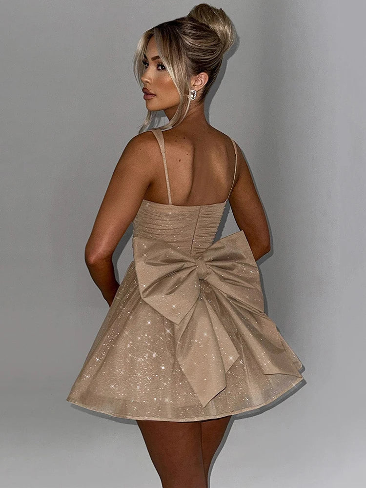 Mozision Bow Backless Sexy Mini Dress For Women Robe Spaghetti Strap Sleeveless Backless High Waist A-line Club Dress Vestido voguable