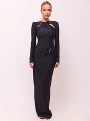 Hollow Out Long Sleeve Sexy Maxi Dress For Women Gown Fashion Solid Bodycon Ruched Club Evening Elegant Long Dress voguable