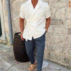 Summer Solid Color Linen Short-sleeved Shirt Suit Lapel Strap French Elegant Gentleman Loose Casual Simple Top Men's Clothing voguable