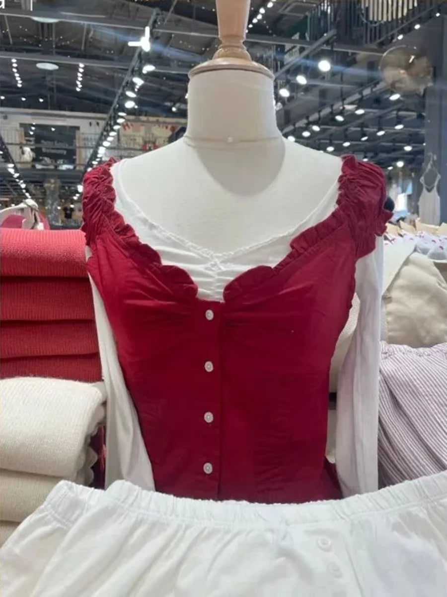 Voguable  Yellow Sweet Folds Blouse Casual Single Top Women Breasted Ruffle Sleeveless Tank Cute Casual Tops Vest Preppy Style Camis Y2K voguable
