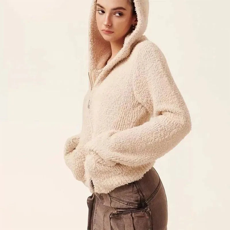Autumn Winter Women Flare Sleeve Sweaters Coats Hooded Solid Zipper Pockets Vintage Lazy Wind Feather Down Cardigan Knit Tops voguable