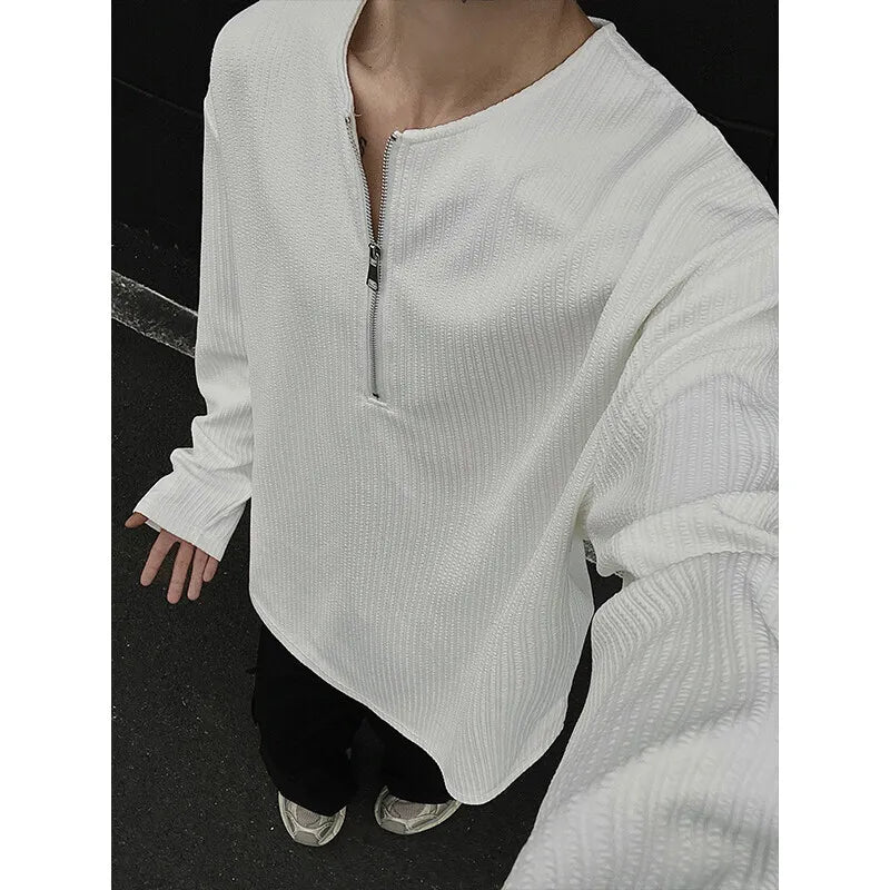 Spring Long Sleeved T-shirt Men Fashion White Pleated T Shirt Men Streetwear Korean Loose Zipper T Shirt Mens Top Plus Size 4XL voguable