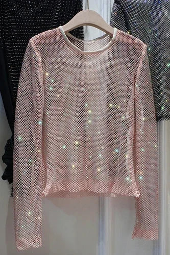 Voguable  Summer New Ladies Temperament Rhinestone Round Neck Long Sleeve Bright Starlight Hollow Shiny Bottoming Shirt Women's Top Trend voguable