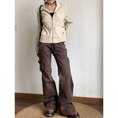 Brown Spliced High Rise Flare Jeans for Women Streetwear Y2K Aesthetic Cargo Jean Pants Vintage Denim Trousers Grunge Fairycore voguable