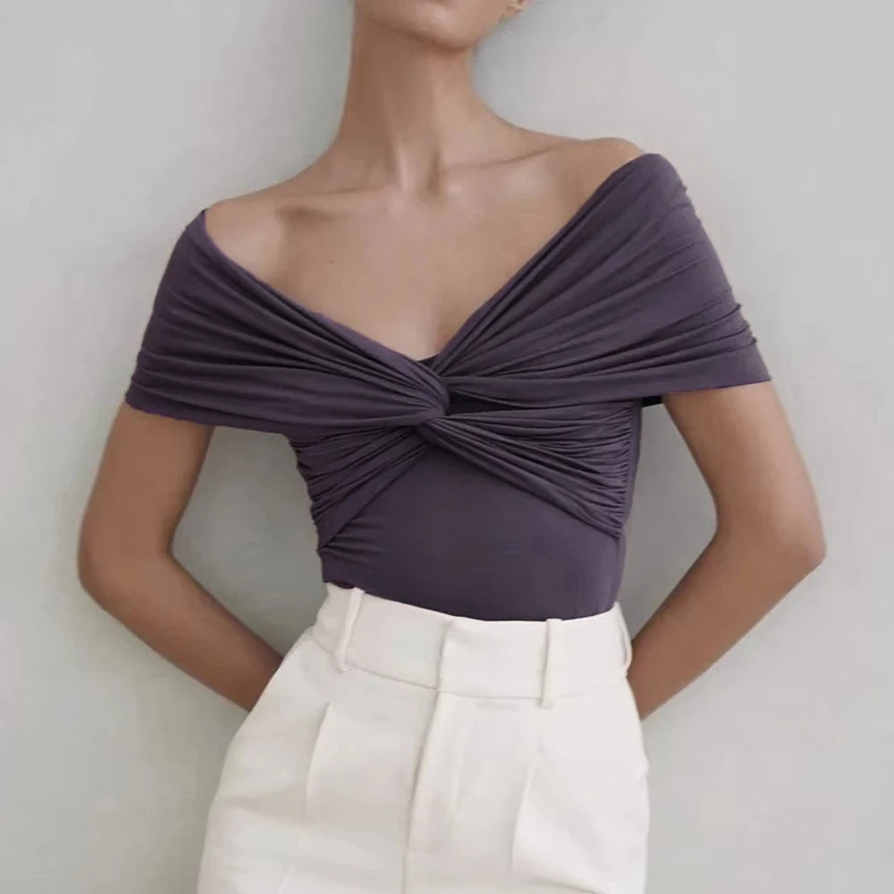 T-Shirts Summer Daily Fashion Solid Color Folds Short Sleeve V-Neck Slim Fit Casual T-Shirts For Women voguable