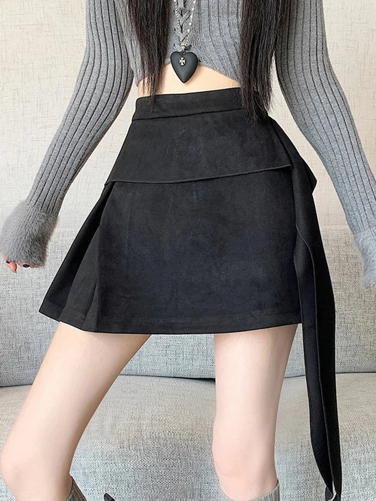 Sexy Slim Faux Suede Skirt Women High Waist Streetwear Vintage Bow Mini Skirts Fall Winter Casual American A Line Skirt New voguable