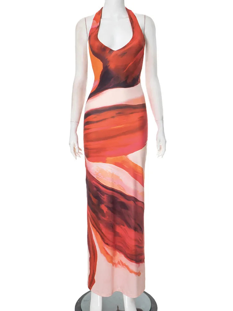 Halter Deep V Neck Print Sexy Maxi Dress For Women Fashion Lace-up Sleeveless Backless Bodycon Printed Long Dress voguable