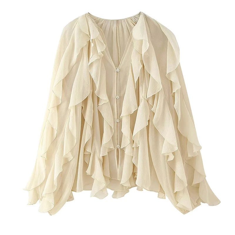 New Women Sexy Semi-sheer Ruffle Shirt Long Sleeve V Neck Front Button Spring Blouse Burgundy Blusas Mujer voguable