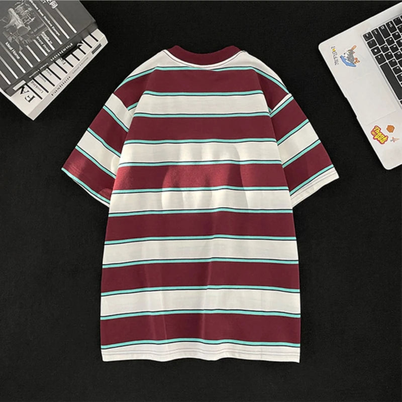 Voguable  Japanese Couple Color-blocking Short-sleeved T-shirt Hong Kong Style Loose Trend Striped Heavy Round Neck Half-sleeved T-shirt voguable
